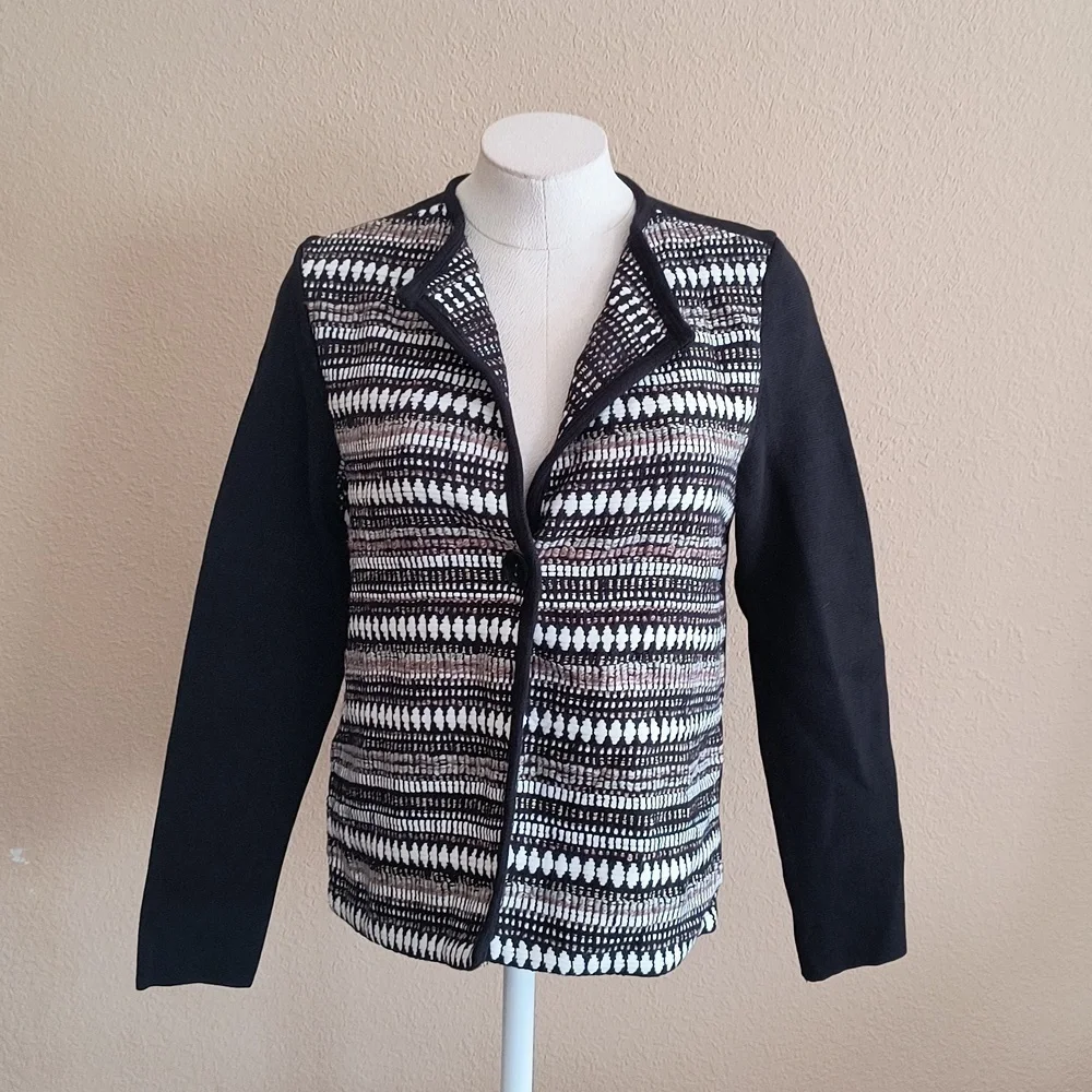 Chico's Black, White and Tan Weave One Button Closure Cardigan Sweater. …